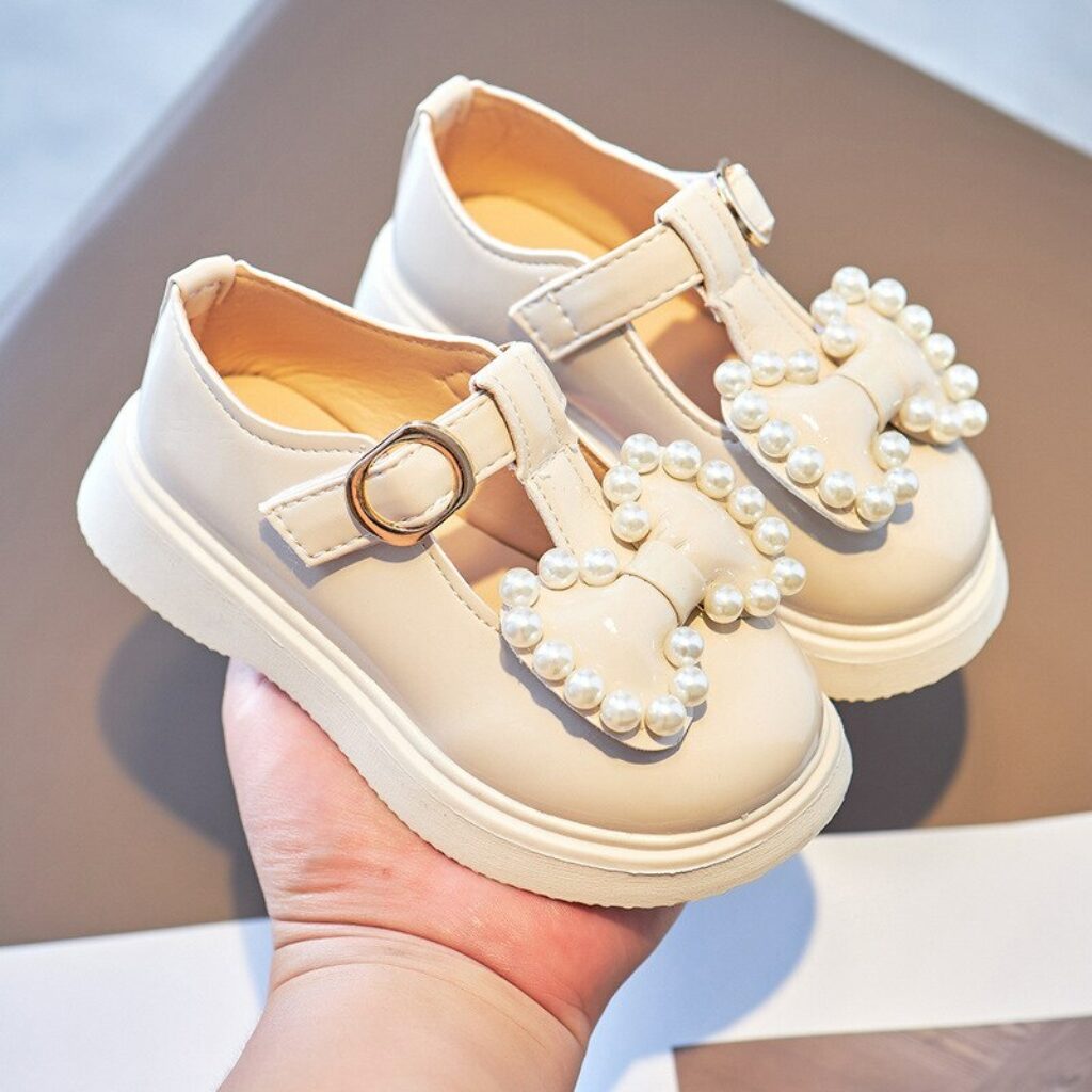 Girls Leather Shoes With Bowtie Pearls Beading Princess Sweet Cute Soft Comfortable Children Flats Kids Shoes 4