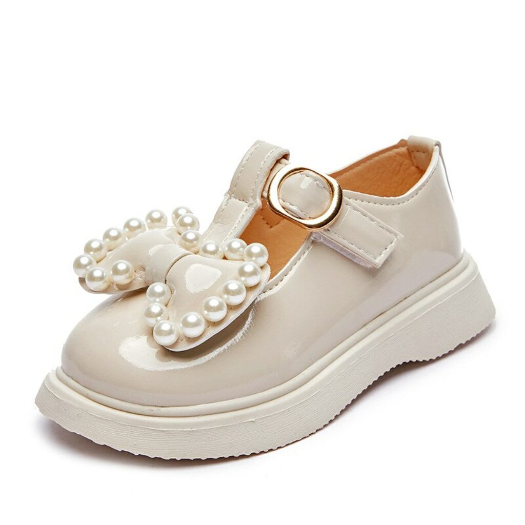 Girls Leather Shoes With Bowtie Pearls Beading Princess Sweet Cute Soft Comfortable Children Flats Kids Shoes 5
